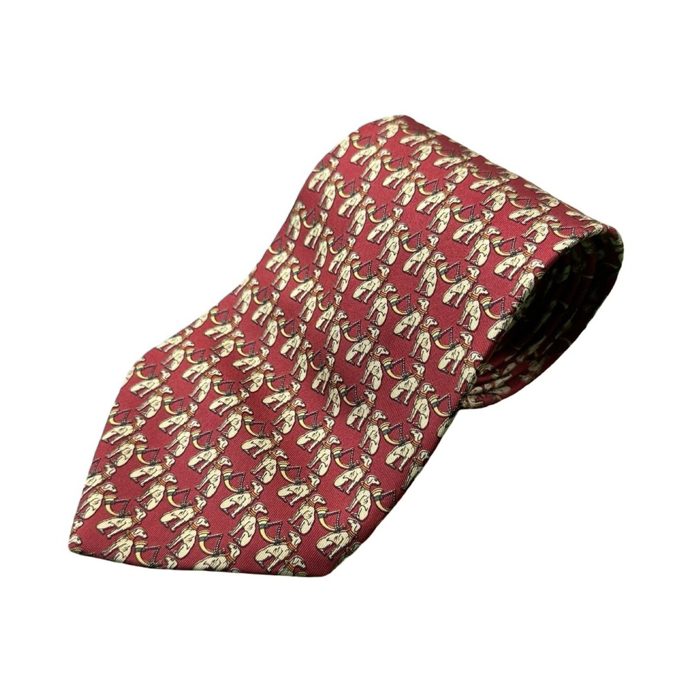 Salvatore Ferragamo Red Tan Brown Dog AOP Pure Silk Tie 3.75 in Width‎
